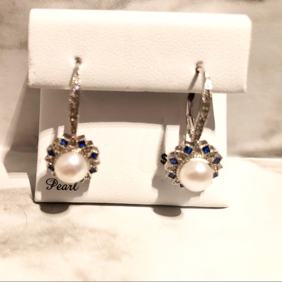 Sterling Silver Pearl & Blue Spinel Drop Earrings - Picture 2 of 2